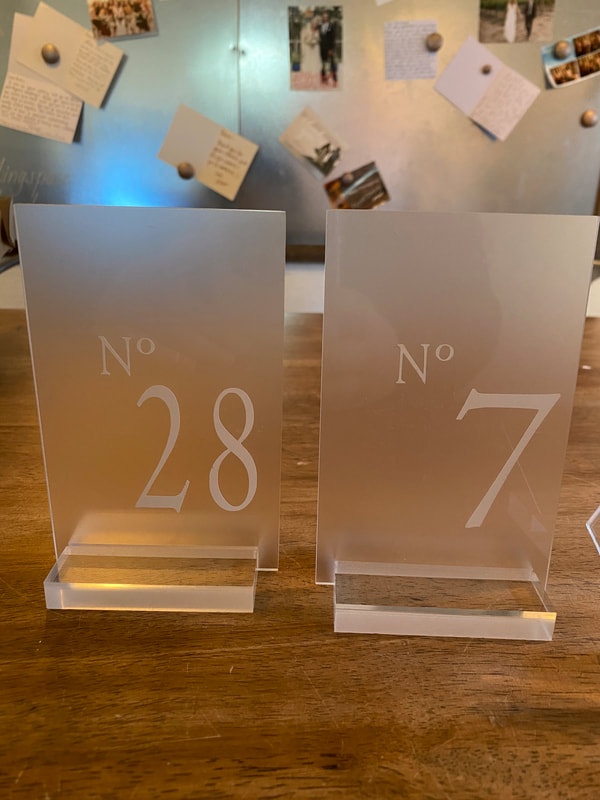 Clean, modern and minimal frosted acrylic table numbers. White numbers. Comes with clear acrylic stand. 