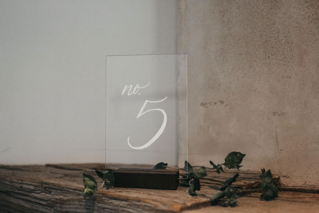 Clear lucite upright rectangle with numerical white lettering - choice of clear (lucite), white (wood) or walnut (wood) stand